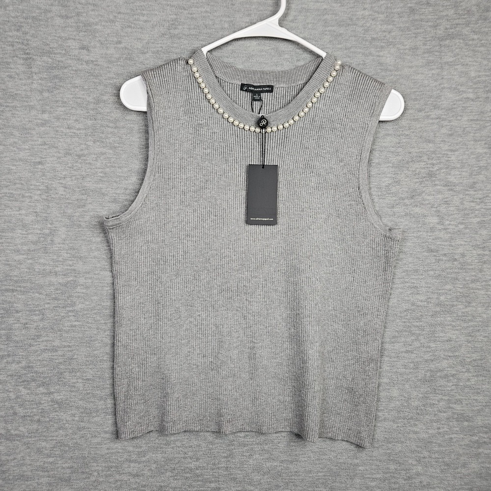 ADRIANNA PAPELL Women's Gray Imitation Pearl Ribbed Sleeveless Sweater Sz L NEW